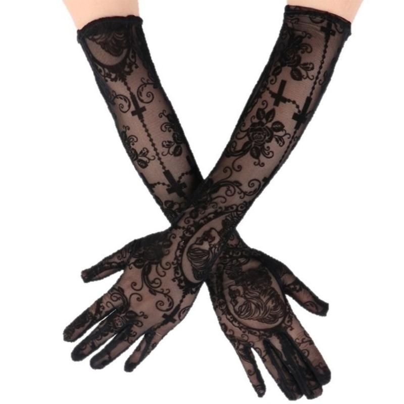Lace Gloves Skeleton Crosses Design Role Playing Glove For Halloween Costume Parties And Gothic Fashion Accessories