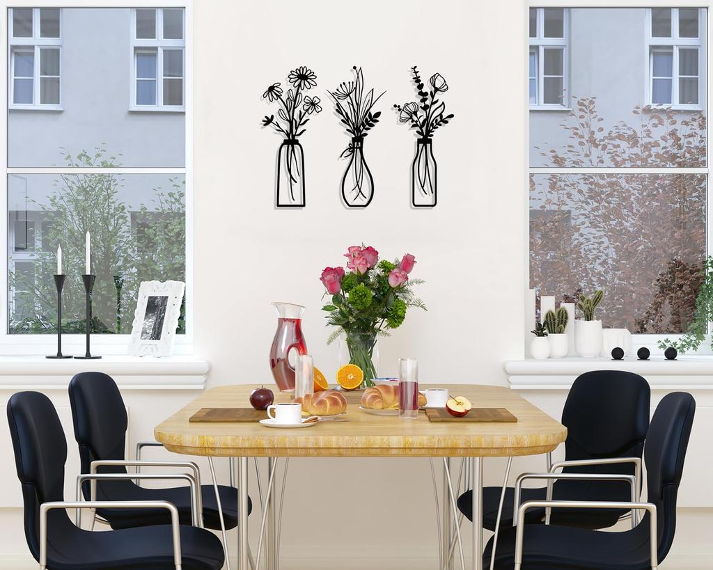 Pigort 3 Pieces Metal Flowers Wall Art Rustic Farmhouse Decor Black Minimalist Flower Wall Decor for Living Room Bathroom Bedroom Dining Room Housewa