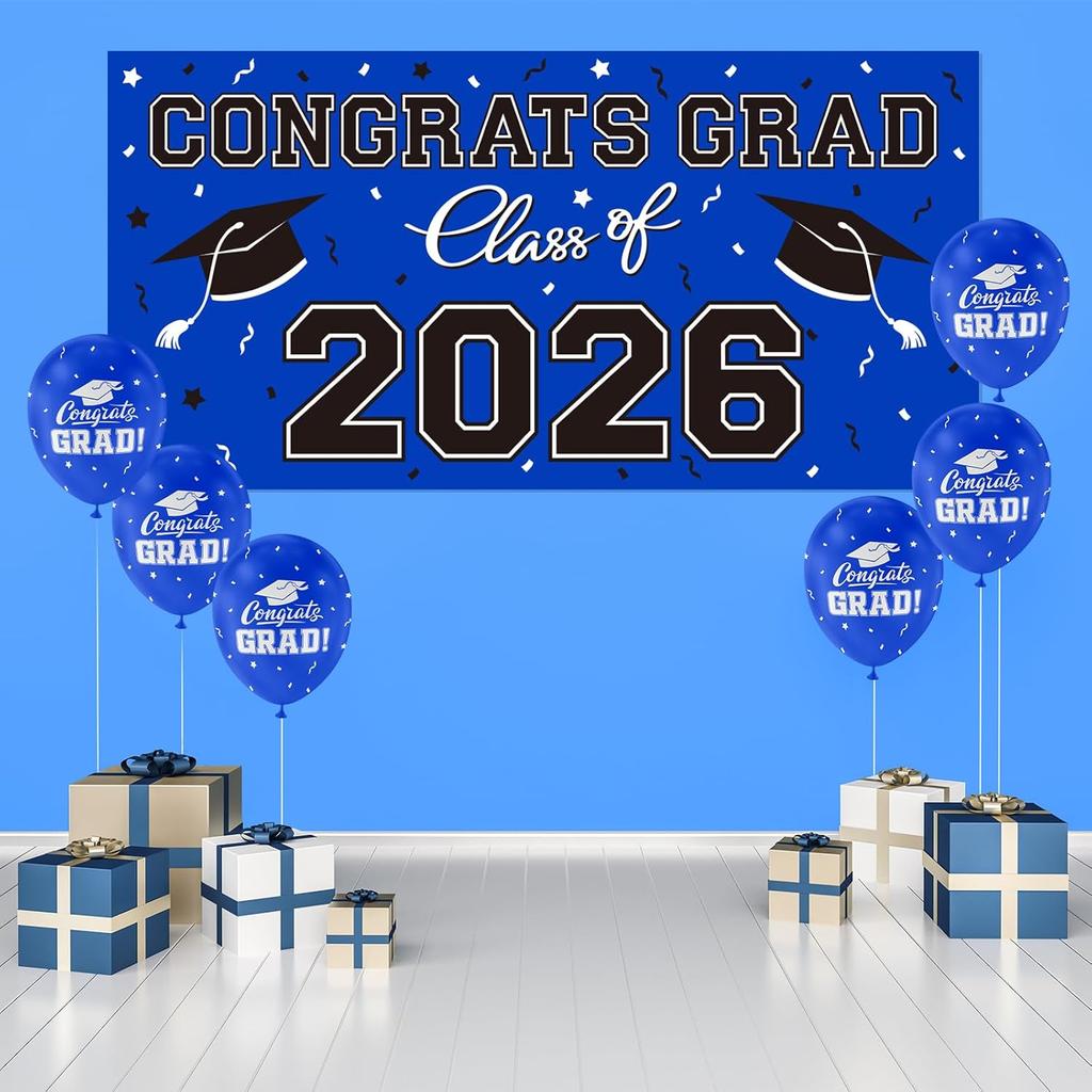 Graduation Party Decorations 2026 Plastic Backdrop - 65" x 32.7" Congrats Grad Banner in Blue, Large Class of 2026 Decorations, Photography & Grad