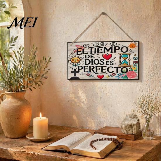 Entrance Wall Hanging Decor Spanish Religious Prayer Ornament with Rose Cross Flower, Inspirational Art Wooden Decorative Pendant for Living