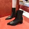 Fashion Block Heel Skinny Boots Women's Fashion Pointed Toe Rear Zip Rivet Metal Belt Buckle Non-Slip High Heel Shorthole Boots