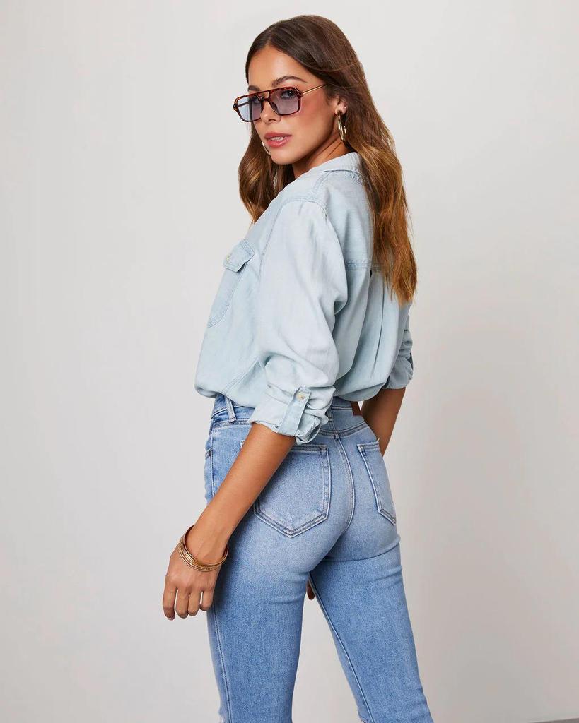 Women's Long-Sleeve Denim Shirt - Casual European & American Style, Autumn, Lapel, Single-Breasted