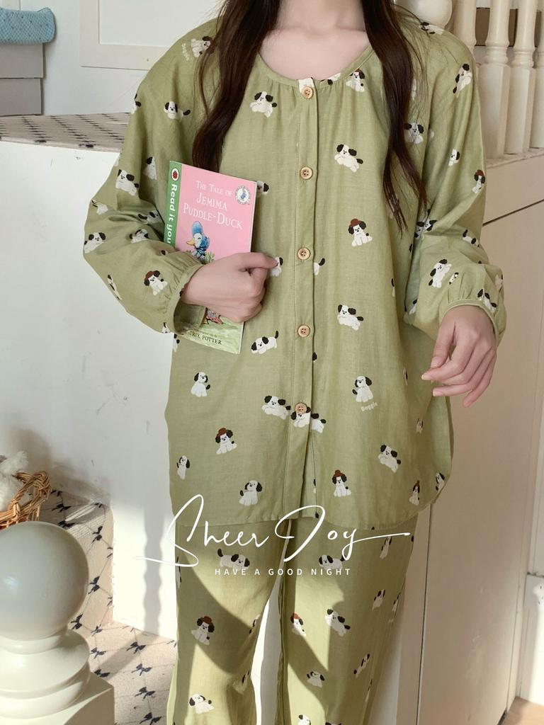 1011 New gauze round neck Japanese pajamas women's long-sleeved trousers sweet princess style loungewear two-piece set