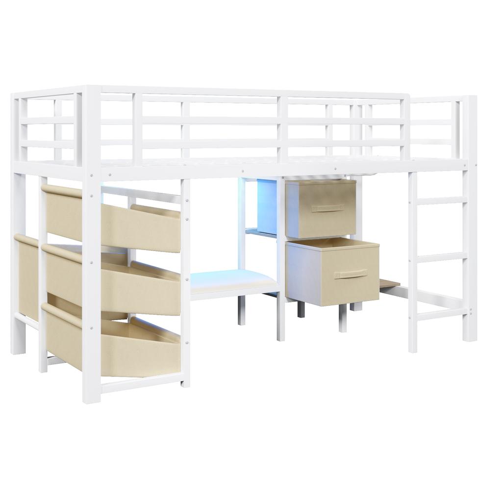 90*200 cm, halbhohes Bett, Sitzkissen, Stoff-Stauraumschublade, Aufbewahrungstasche, mehrfarbige LED-Beleuchtung, Kleiderhaken, Metall, ohne Matratze, weiß