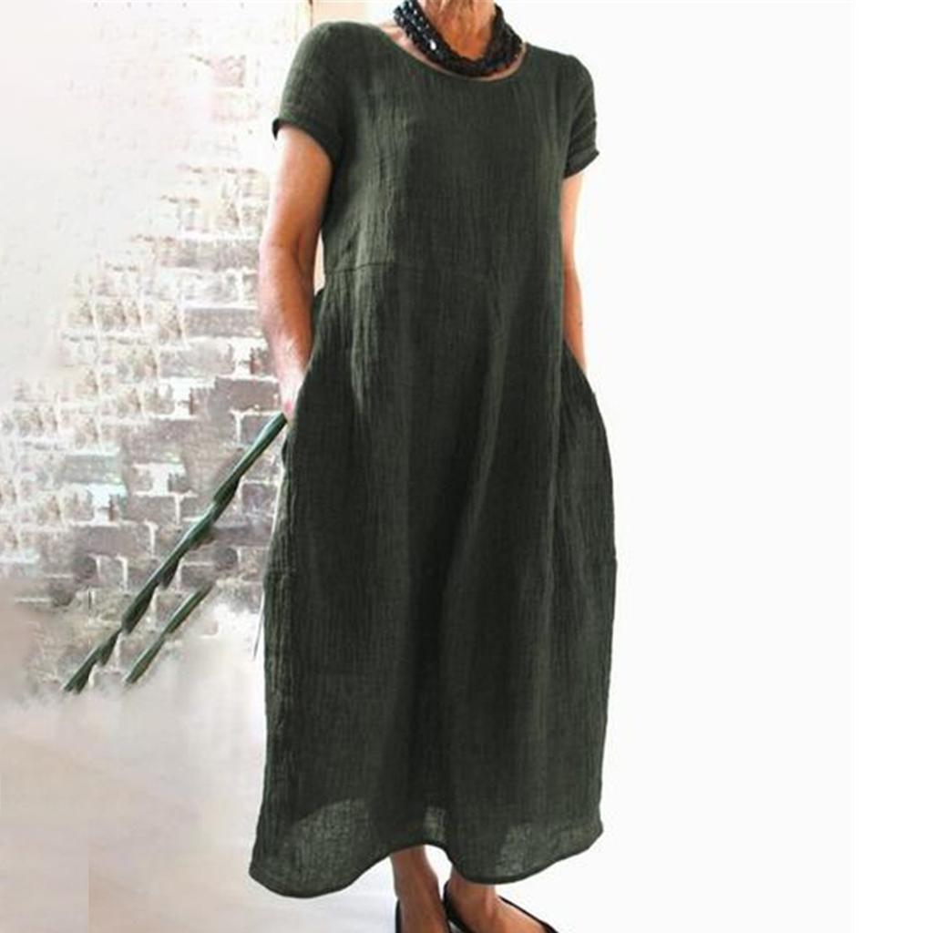 Women's Summer Fashion Casual Solid Color Short-sleeved Round Neck Pocket Loose Cotton And Linen Dress