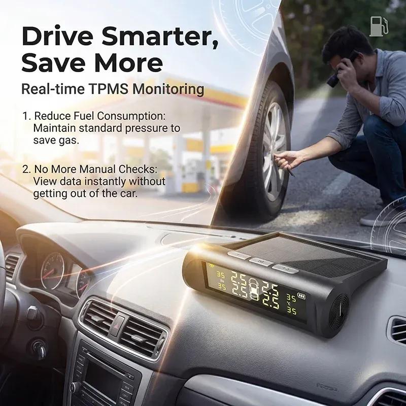 Car Tire Pressure Monitoring System TPMS Solar Charging 4 Internal/External Sensor Real-time Display Auto Alarm Car Accessories