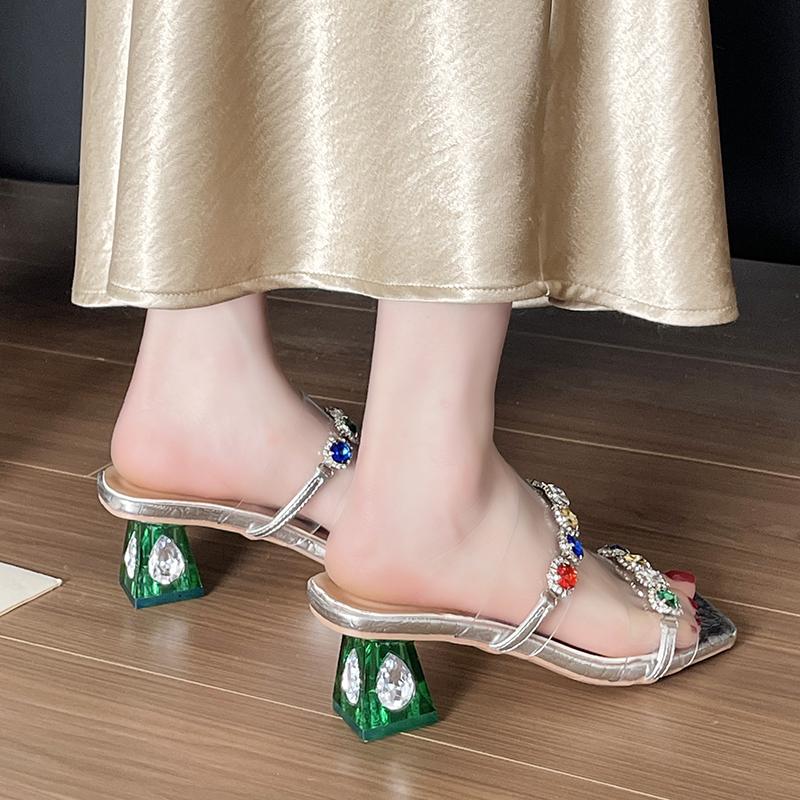 Summer Wear Square Head Colorful Rhinestone Block Heel Open Toe Cool Drag with Skirt Beautiful Half Drag Woman