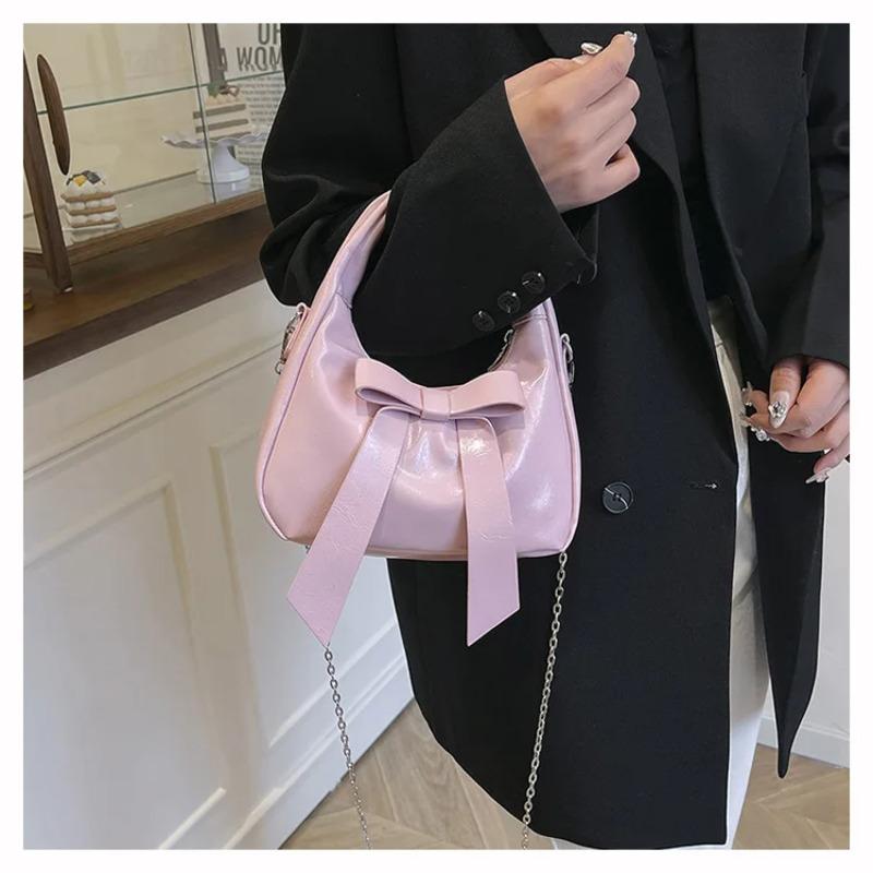 Sweet Bow Pu Shoulder Bags for Women Simple Solid Color Ladies Chain Crossbody Bag Versatile Portable Girls Handbags Clutch