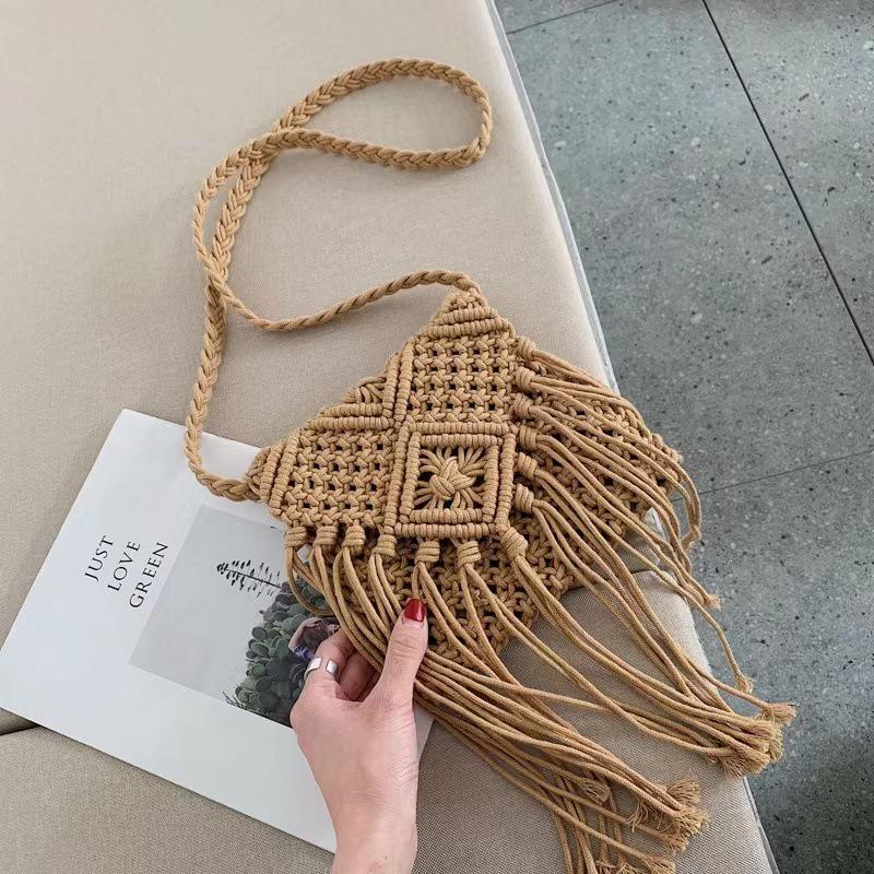 

Ethnic Style Handmade Cotton Thread Crossbody Straw Bag with Tassels - Fresh Korean Design