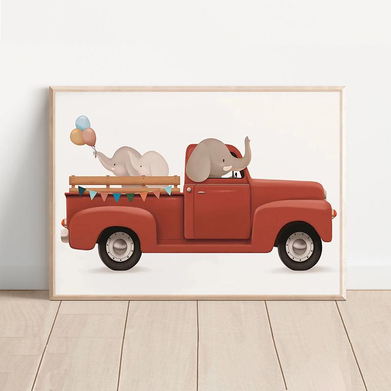 Animals On Cars Cartoon Posters Elephant Giraffe Raccoon Canvas Printing Wall Art Picture for Nursery Living Room Home Deco Gift
