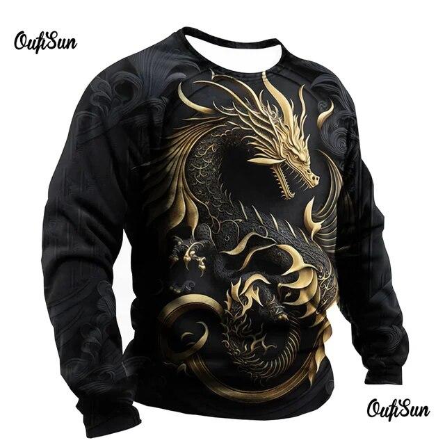3d Men's Dragon Print T-Shirt Long Sleeve Man Oversized Tee Tops Casual O-Neck Pullover Animal Pattern Male Tshirt Clothes