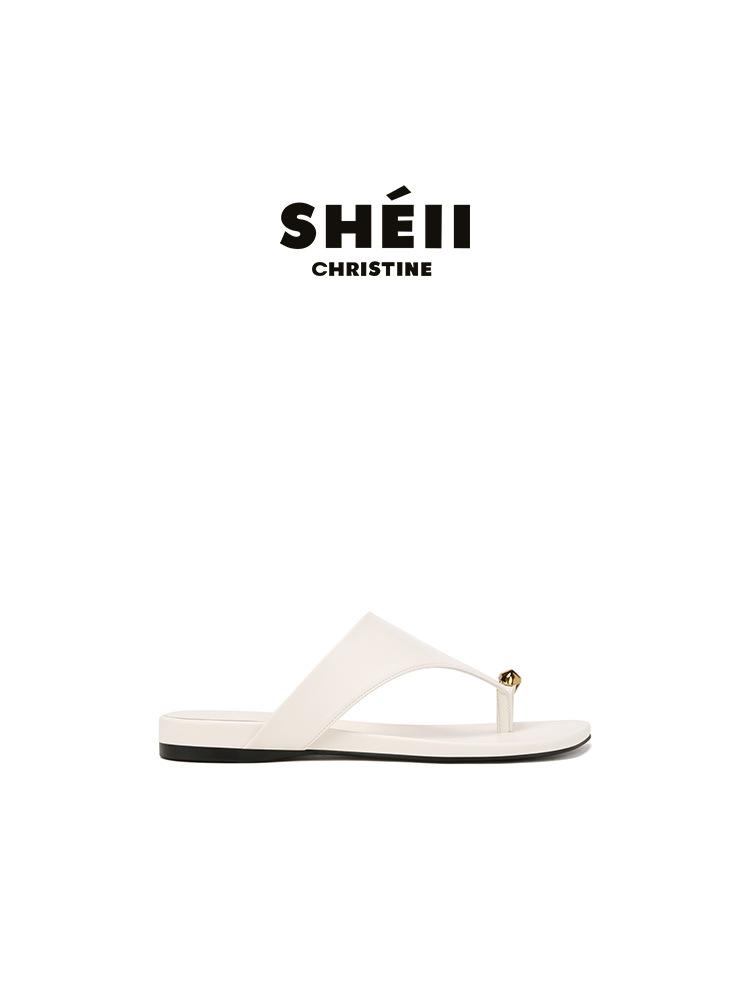 Sheepskin Su Yinyin Small Gold Buckle Slippers Women's Summer Wear Square Head Cover Toe Holiday Beach Flat-bottomed Herringbone Cool Slippers