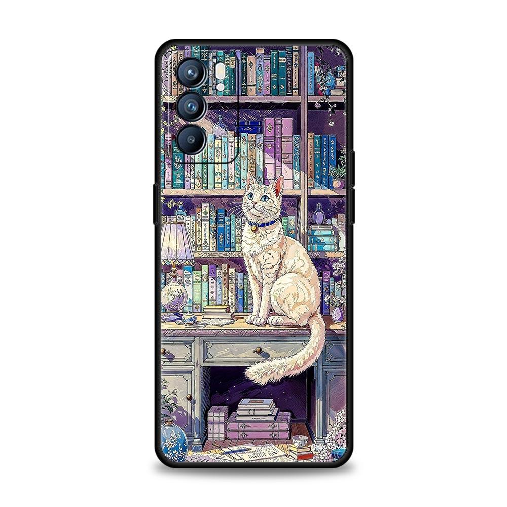 Handyhülle für Oppo A17 A31 A54 A57 A78 A79 Find X5 X6 Reno 7 8 10 11 12 13 F Pro Weiches TPU Niedliches Schmetterling Katze Bücherregal Design
