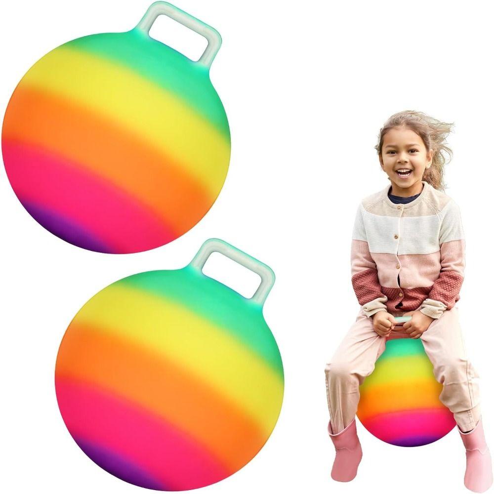 Rainbow Kids Bouncy Ball With Handle Jumping Ball Colorful Sports Hopping Ball Outdoor Toys