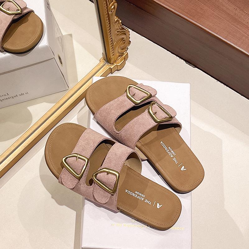 

2025 летние новые тапочки Boken на плоской подошве женская верхняя одежда с пряжкой на поясе с плоской подошвой односложные мягкие повседневные сандалии 40 розовый
