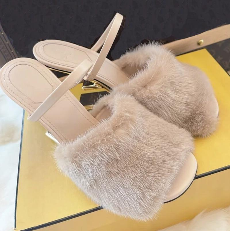 Women Fur Sandals Sexy Peep Toe Gladiator Sandals Dress Pumps Spring Summer Strange Heel Mules High Heel Wedge Shoes
