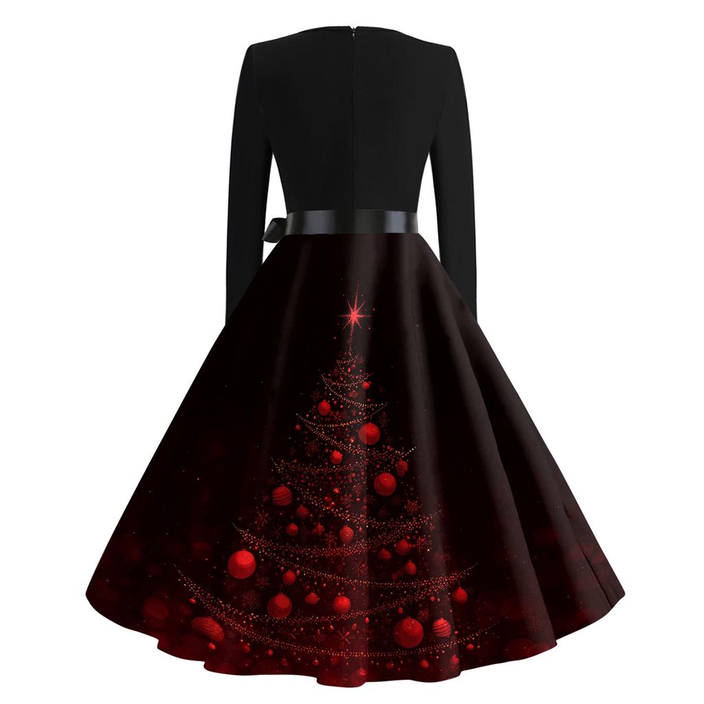Women's Casual Fashion V Neck Christmas Printed Vintage Dress