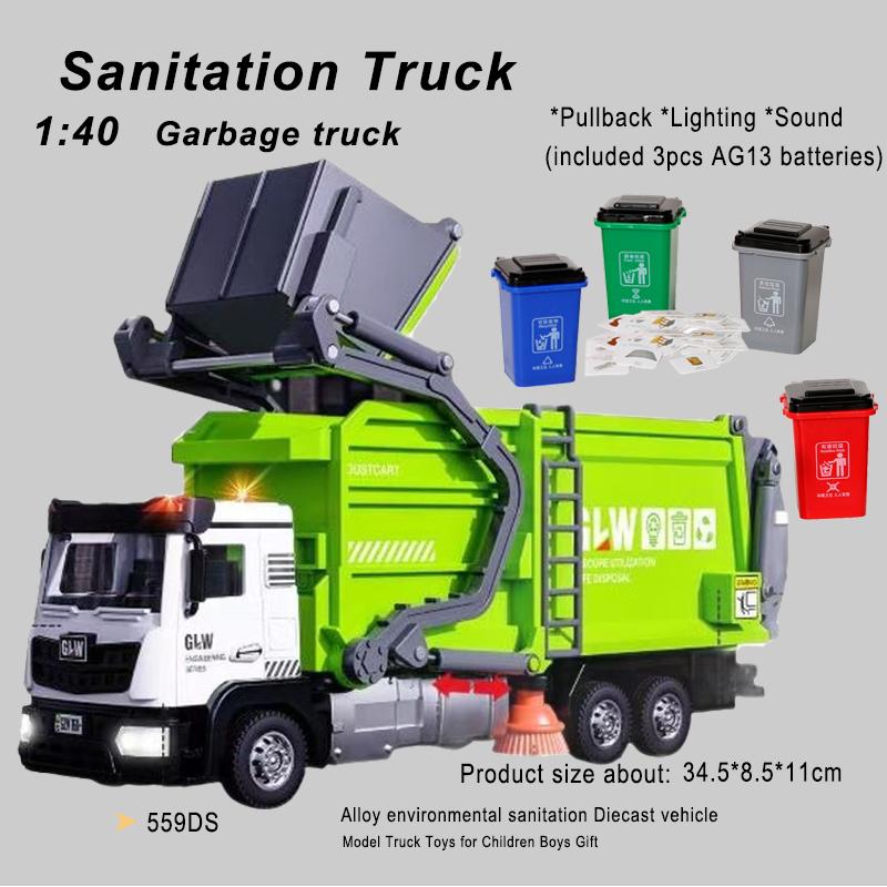 1:40 City Garbage Truck Model Simulation Diecast Water Tanker Sanitation Vehicle Sound and Light Toys for Children Gift