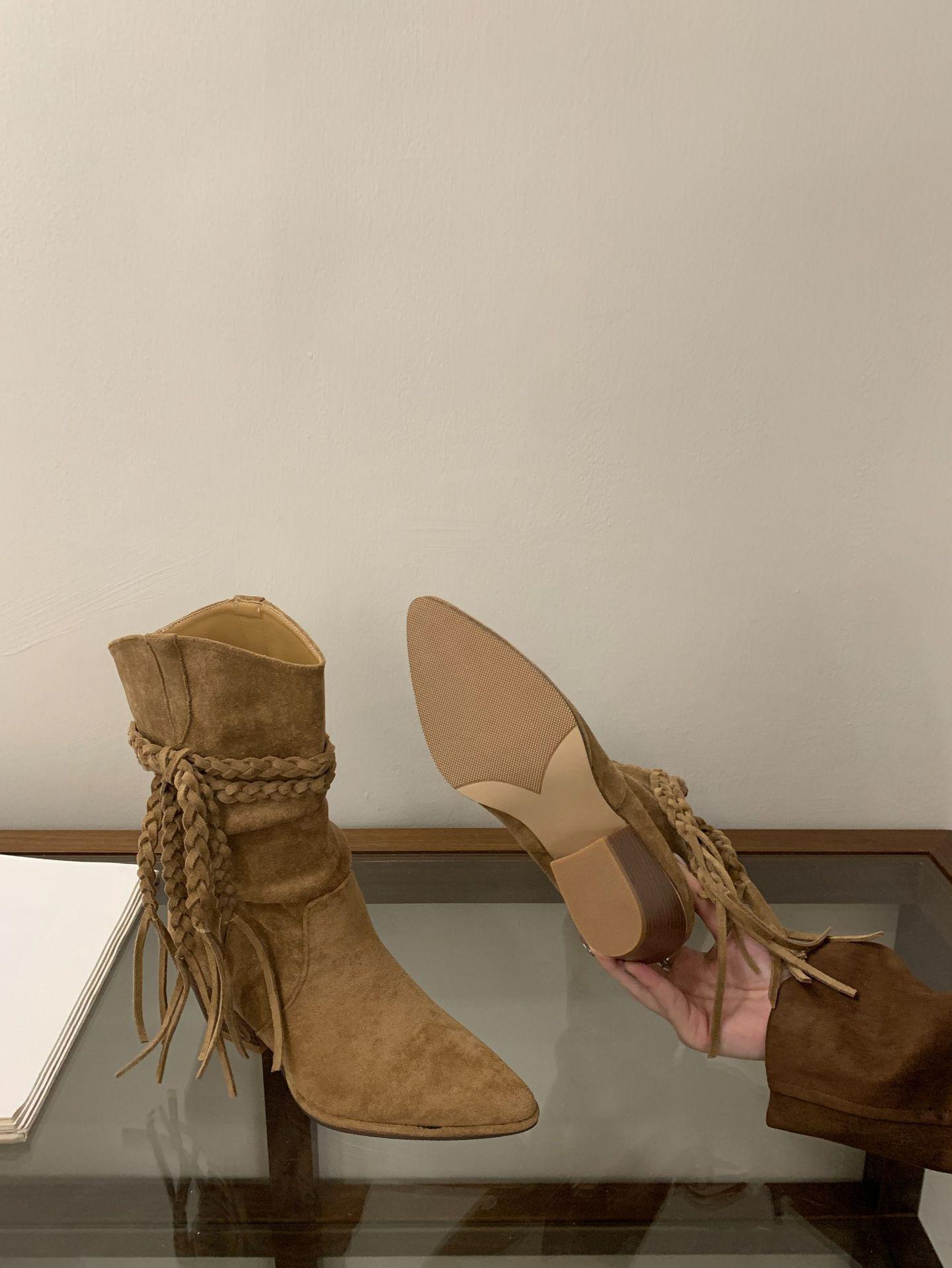 

25 Martin boots women s thick heel pointed short boots western cowboy pile boots retro wasteland fringed hemp rope 39 хаки