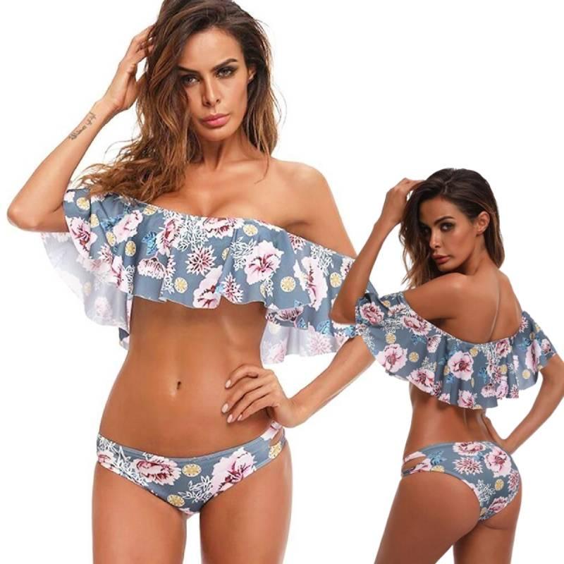 Sexy schulterfreier Bikini mit Rüschenkanten und floralen Akzenten Hochwertiges Polyester-Material