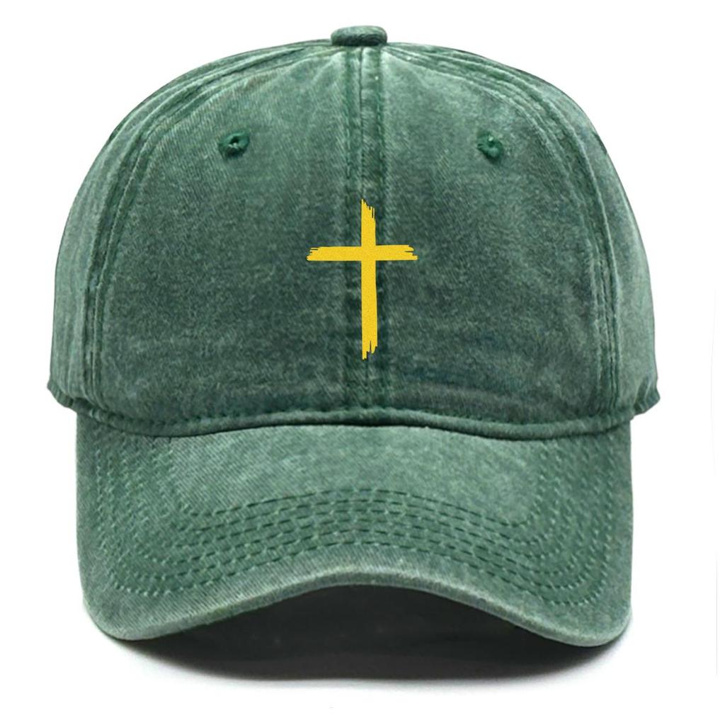 Golden Crucifix Print Snapback Sun Hat, Flat Cap Hip Hop Fit Sun Protection Distressed Adjustable Baseball Hat