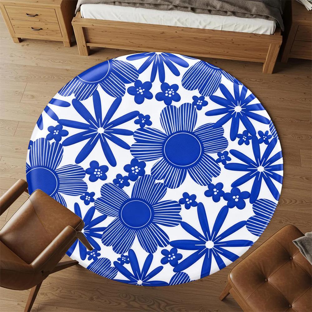 1pc Floral Pattern Blue Round Chair mat office Area Rug - Non-Slip, Floor Mat for Office, Bedroom, Ideal home decor gift p0105063