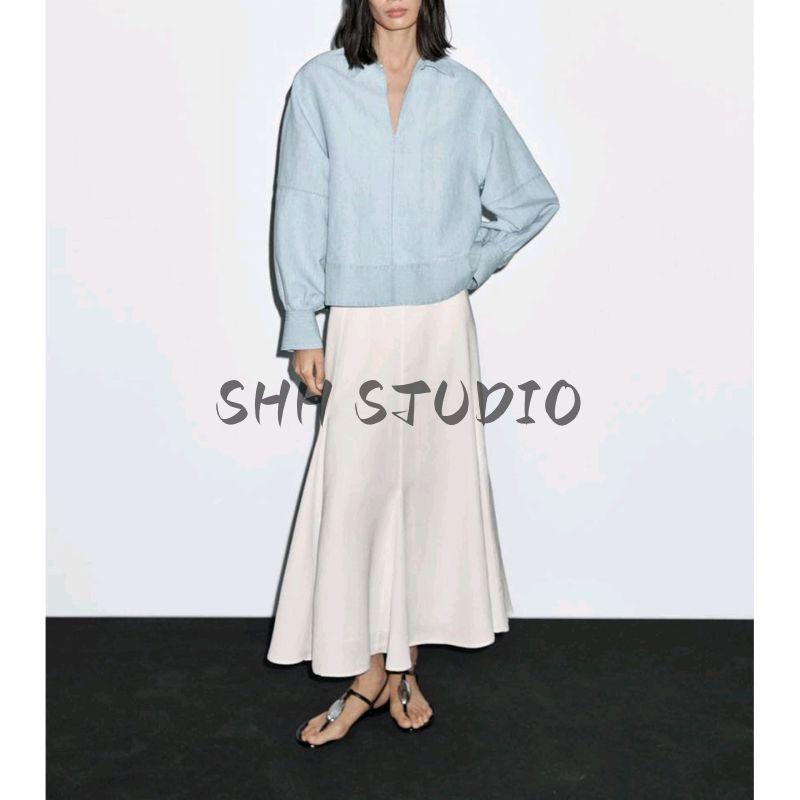 MD Autumn New Women Clothes Casual Minimalist Temperament Pullover Denim Long Sleeve Shirts Top 5115800