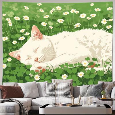Sleeping White Cat Tapestry Fresh Garden Wall Carpet Cute Cat In Daisy Clover Art Hanging Cloth Room Decoration