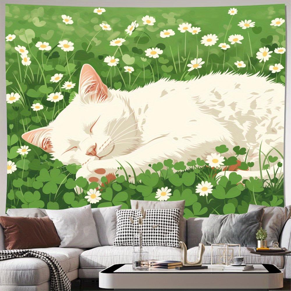 Charming White Cat In A Field Of Daisies Wall Tapestry For Bedroom Decor, Bringing A Touch Of Nature And Serenity To Your Space 100x150cm