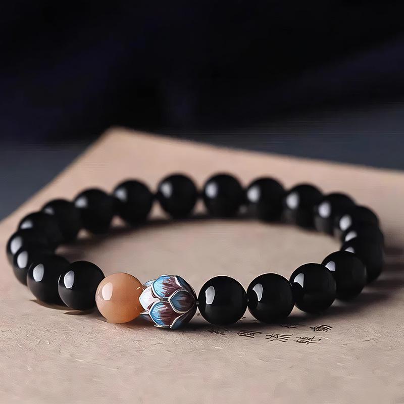 

Браслет из черного обсидиана, семян лотоса и кристалла солнечного камня - Буддийские бусины, украшения для мужчин и женщин Black Glaze
