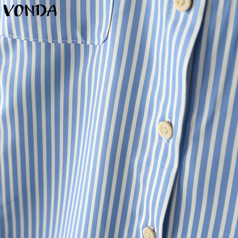 VONDA Women Stitching Lapel Short Sleeve Striped Buttons Up Casual Blouse