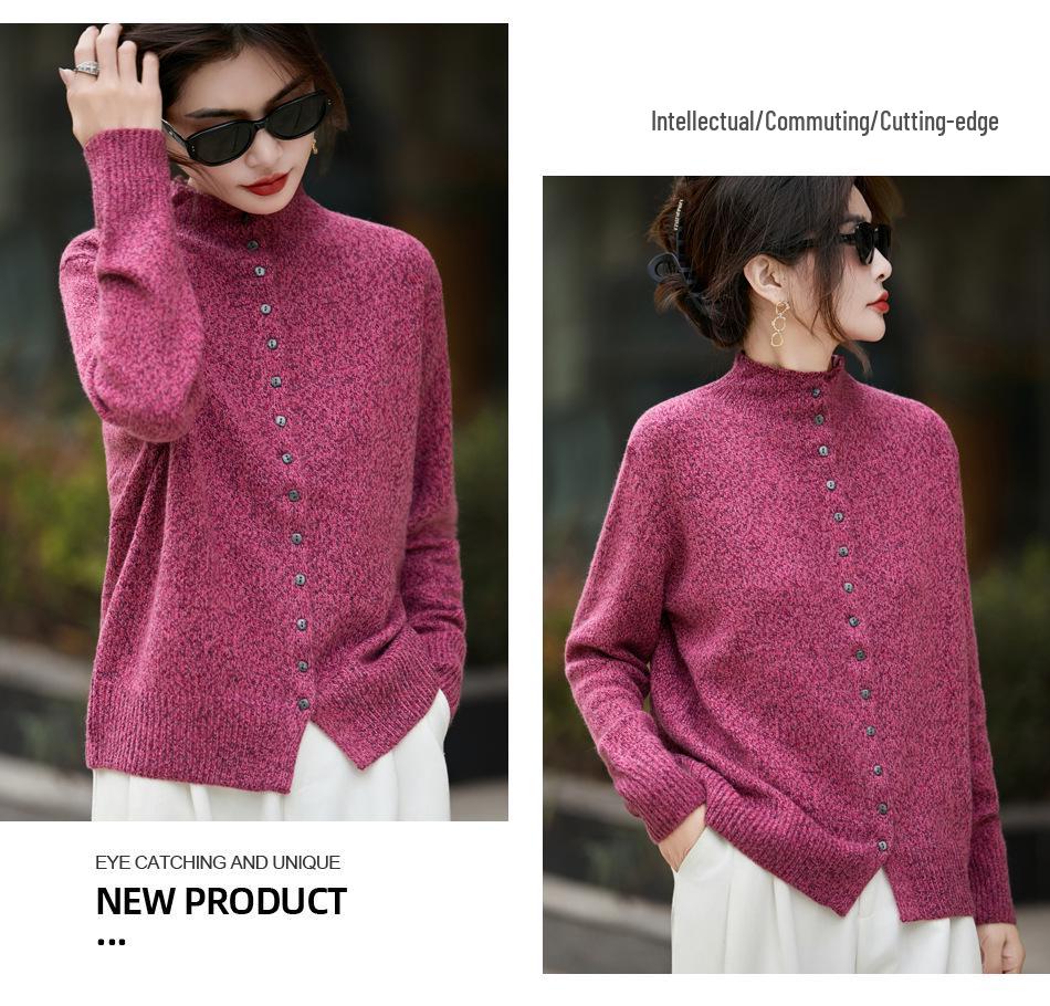 Women's Flecked Knit Stand-up Collar Cardigan - Autumn/Winter Long Sleeve Sweater Coat