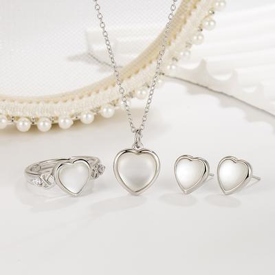 Love-Shaped Necklace, Ring, Stud Earrings, Jewelry, Three-Piece Set, Light Luxury, Fashion Design, High-End Jewelry, Gifts