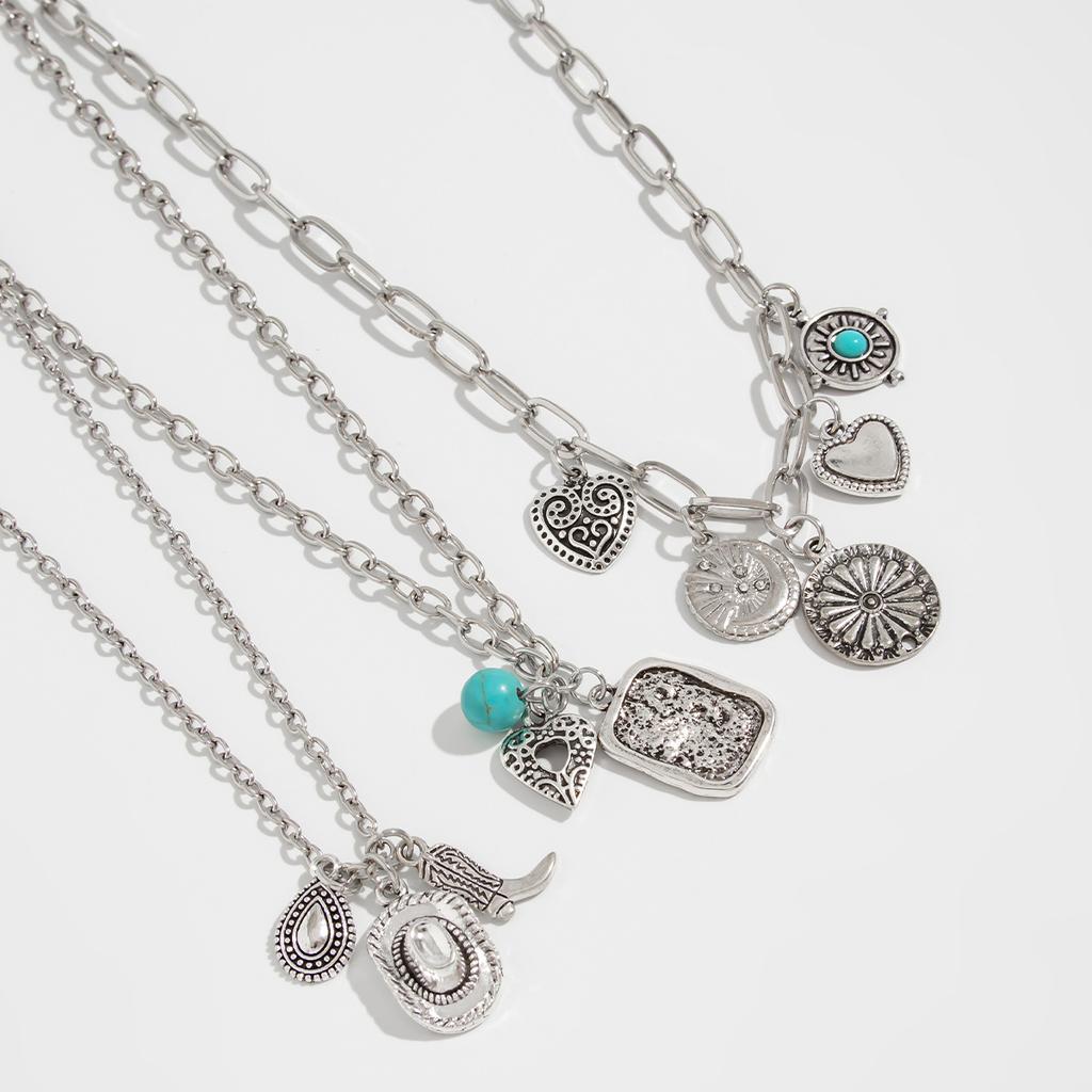 Western Cowboy Love Flower Disc Metal Necklace Vintage Stacked Turquoise Star Pendant Necklace