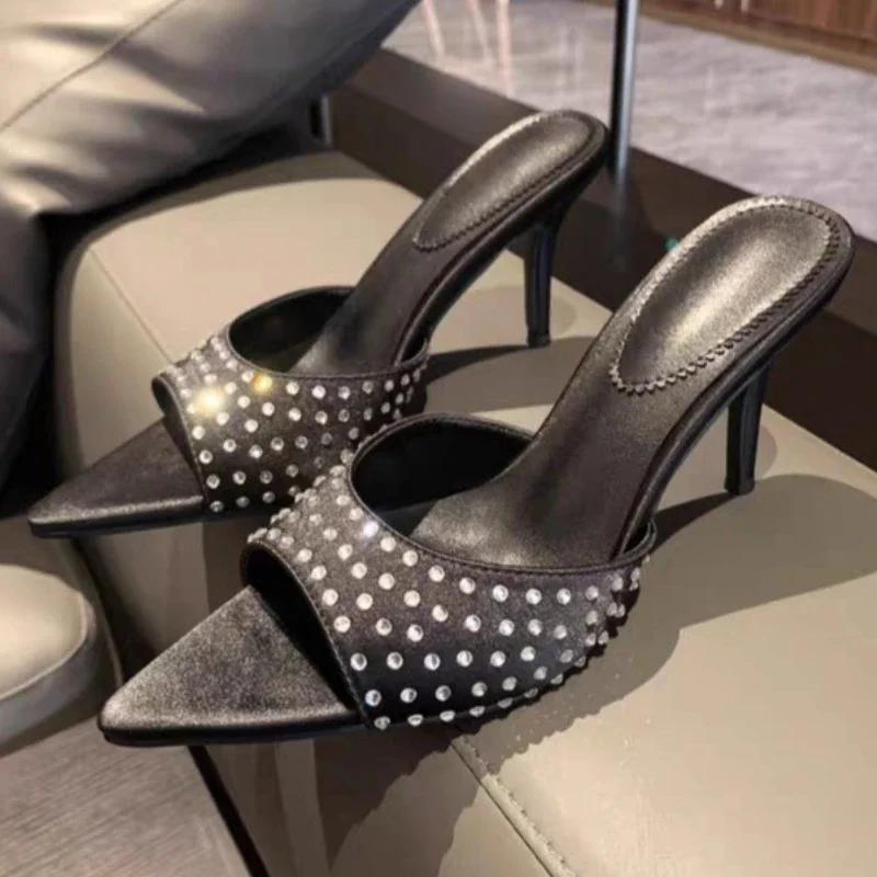 

Туфли на высоком каблуке, шлепанцы, хрустальные женские туфли, туфли-лодочки с острым носком на каблуке, летняя мода 2025, элегантные туфли для платья, женские туфли 35 чёрный
