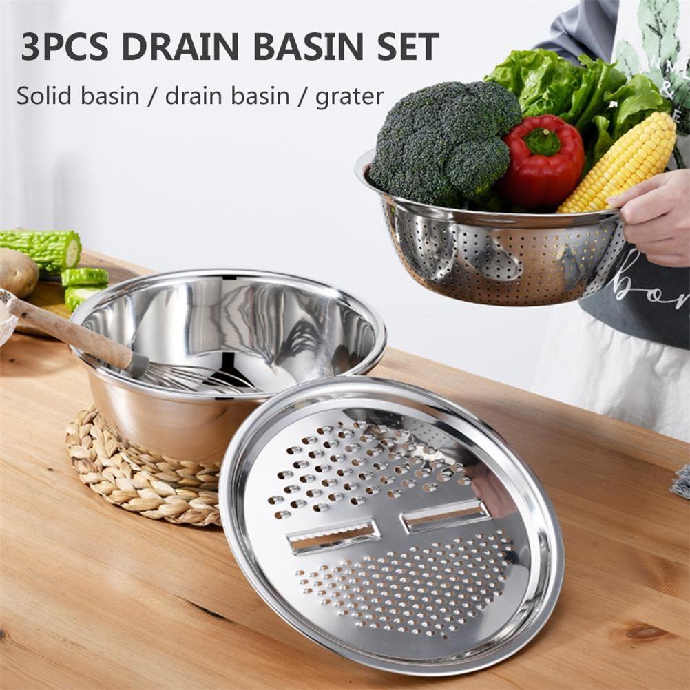 3pcs Multifunctional Stainless Steel Basin Set Fruit Vegetable Bracket Drain Basin Grater Basin Kitchen Tools