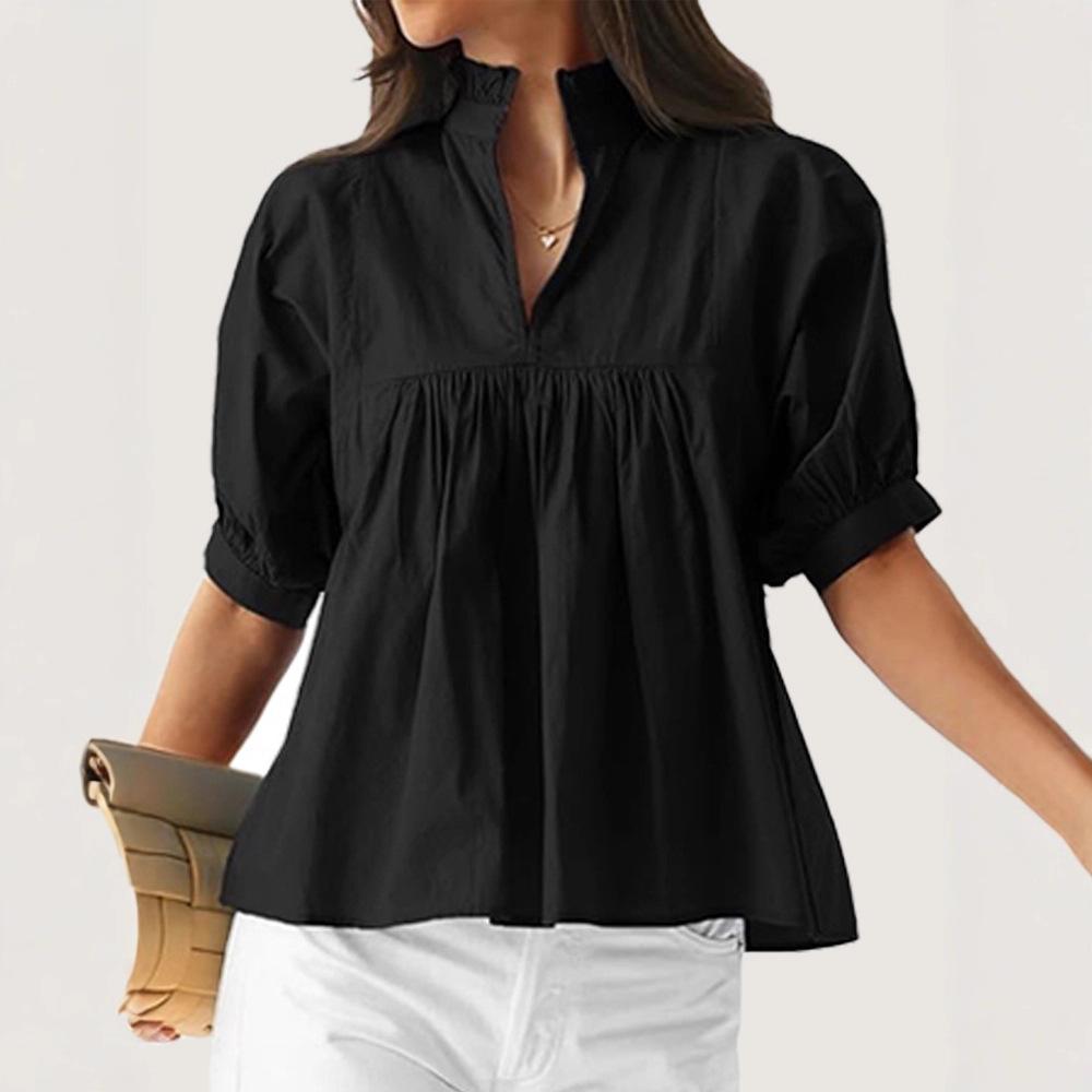 Women Light Blue Ruffle Neck V Notch Half Sleeve Blouse S чёрный