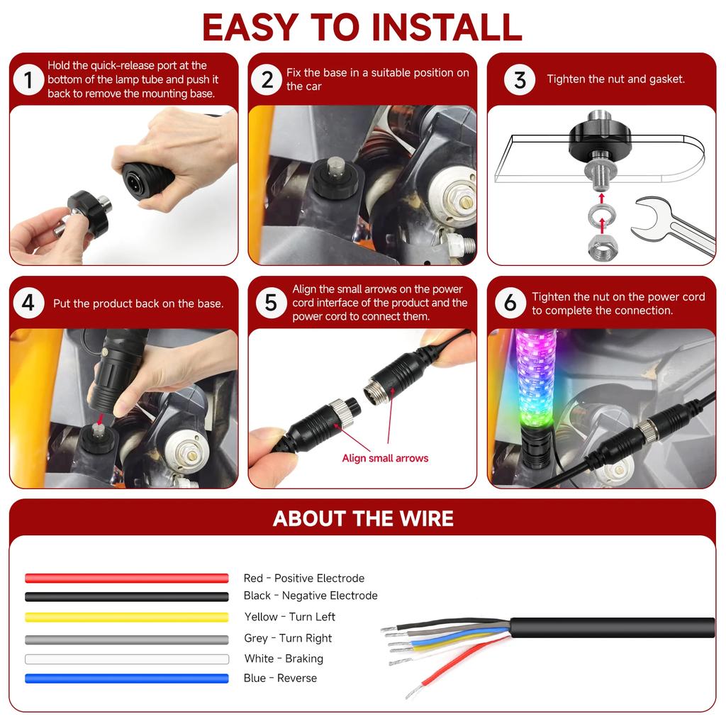 2PCS 1FT RGB LED Antennas With Warning Lights Antenna Led Bar Spiral Sequential Whip Light Off-road And UTV Accessories