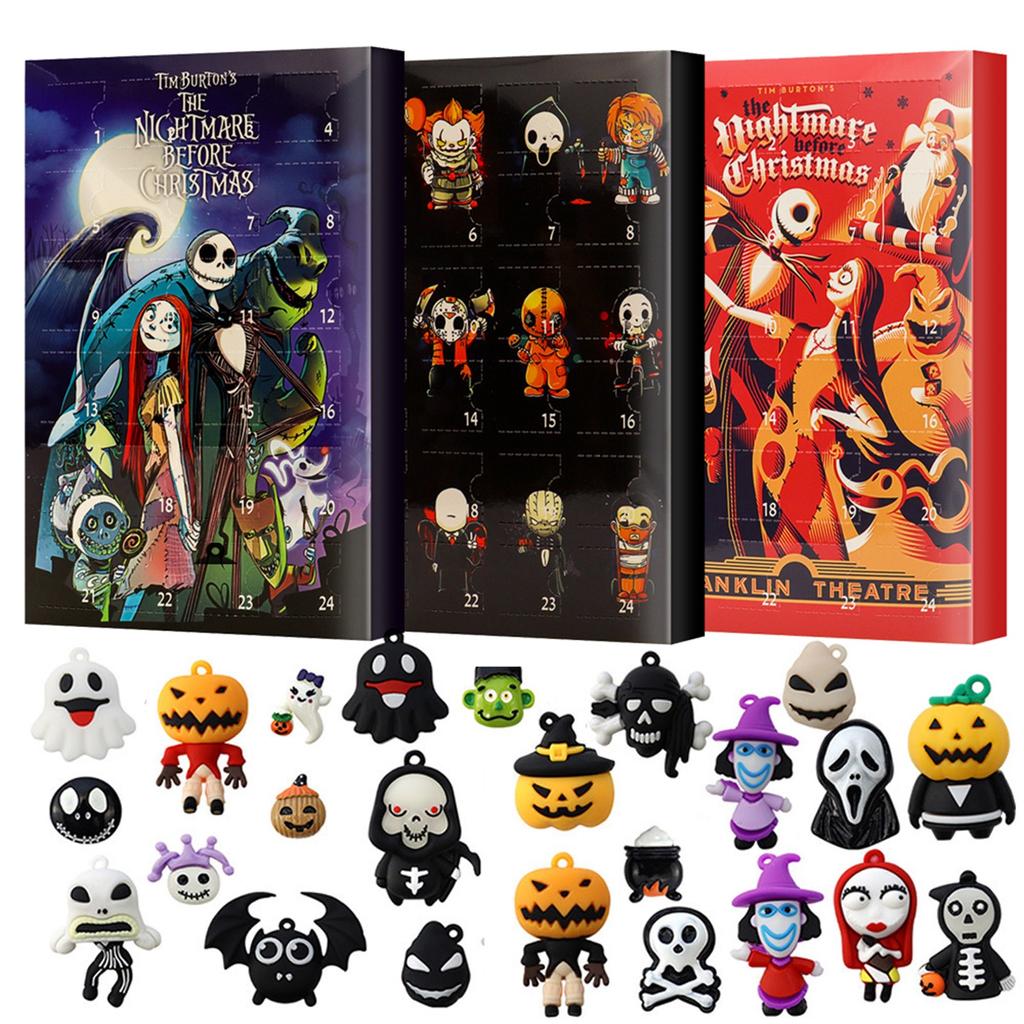 Adventní kalendář pro panenky Halloween obsahuje 24 dárků, adventní kalendář s hororovými postavami Halloween, odpočítávací kalendář Halloween s hračkami s překvapením