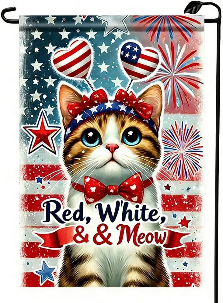 4th of July Patriotic Cat Garden Flags for Outside 12x18 Double Sided, Small Burlap Holiday Independence Day Memorial Day Ya