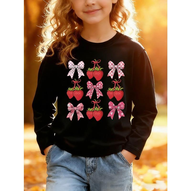 European sizes Kids Spring Autumn Daily Casual Cute Cartoon Print Long Sleeve TShirt Cartoon Strawberry Various Bow Prints Skinfriendly Soft