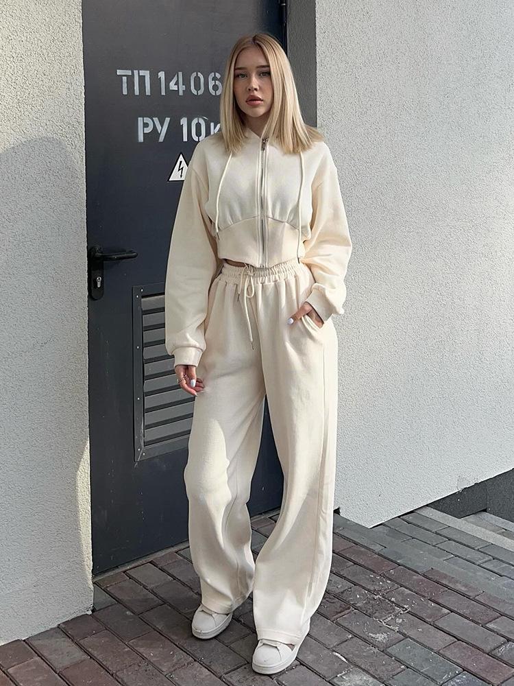 Women's Casual Solid Color Hoodie & Lace-up Pants Two-Piece Set