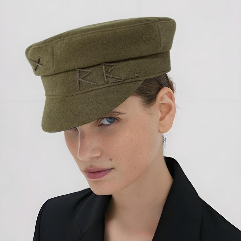 Autumn Winter  Big Size Designer Letter Militray Hats Women Fashion Woolen Flat Top Cap Outdoor Gorras Visor Sun Hat Navy Hats
