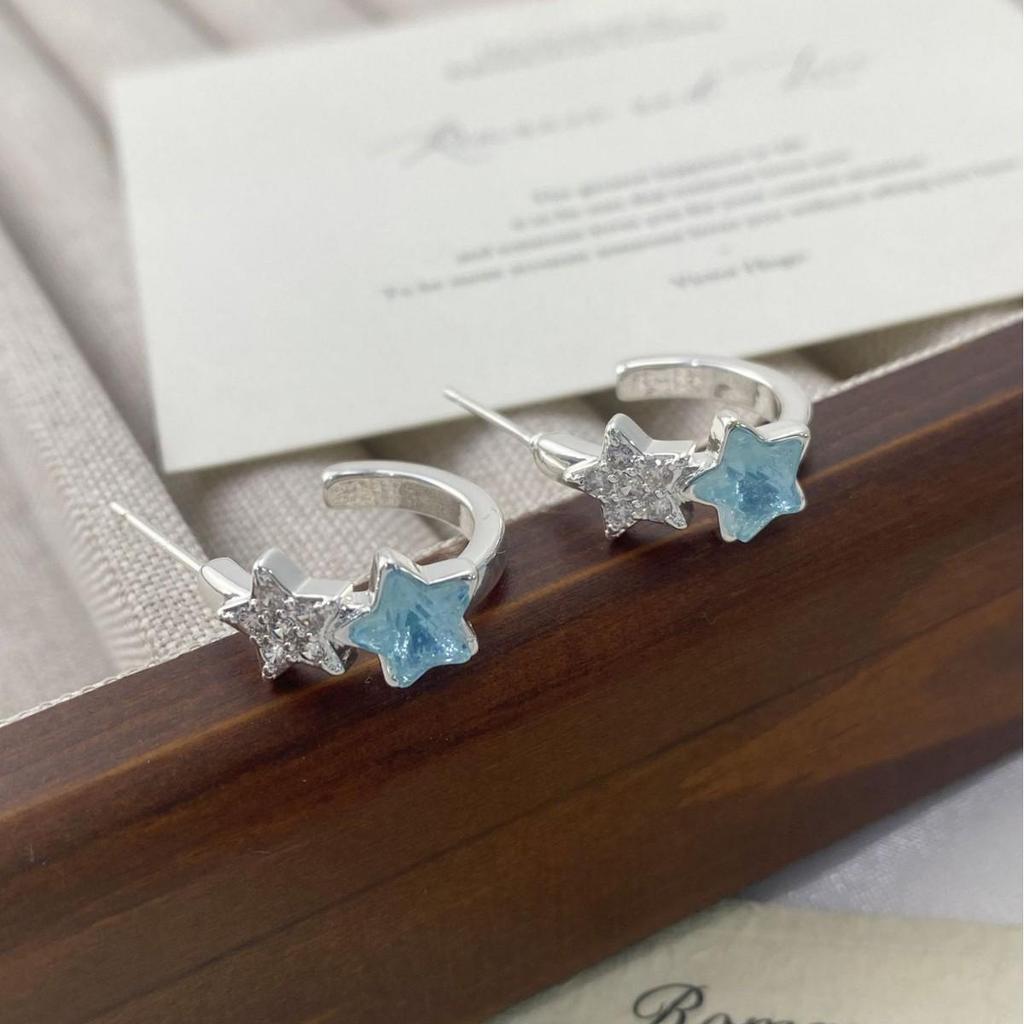 Elegant Zirconia Star Stud Earrings - Fresh Blue C-Shape Design for Spring and Summer