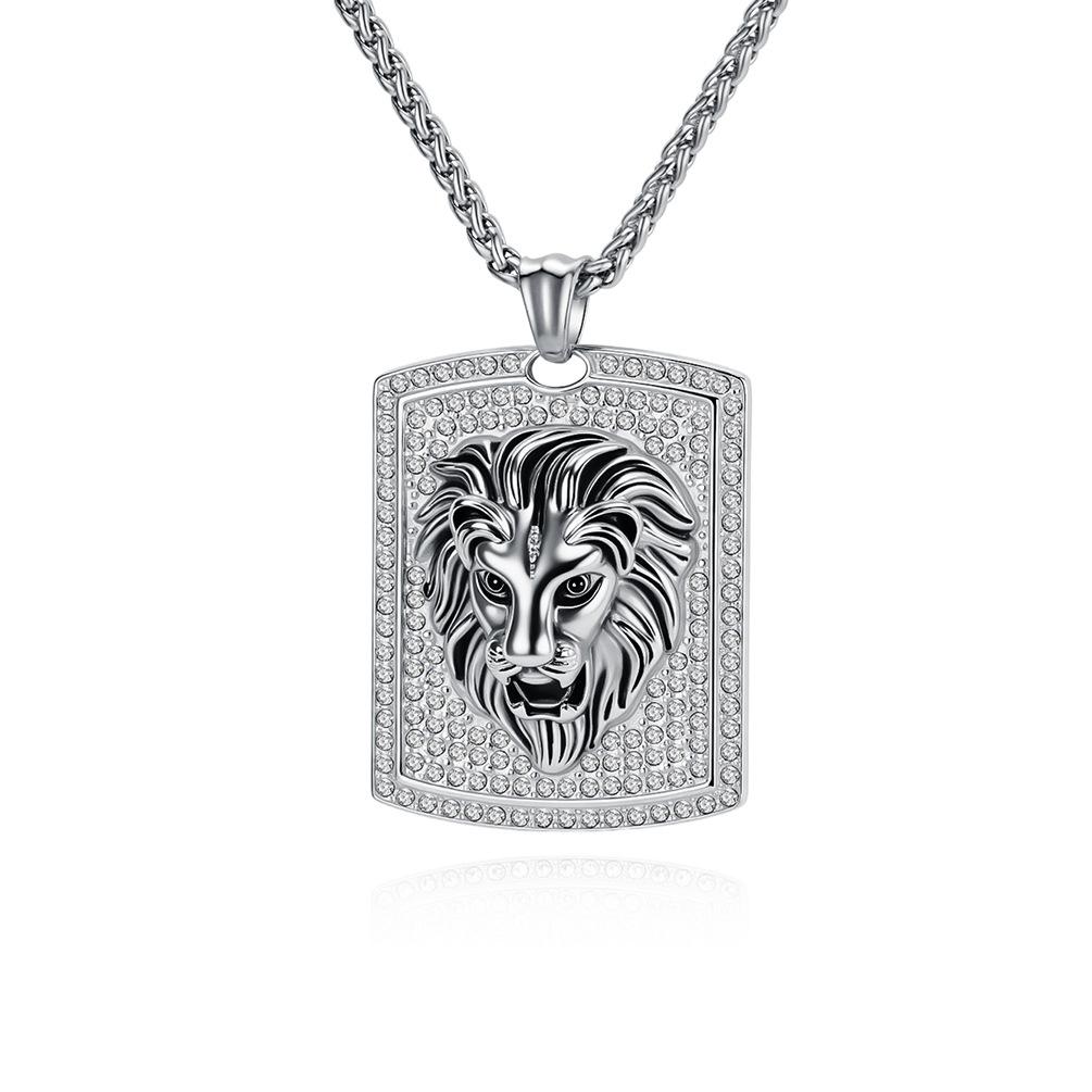 European and American Popular Hip Hop Style Full Diamond Lion Head Titanium Steel Necklace Men s Trend Hiphop Pendant 60CM