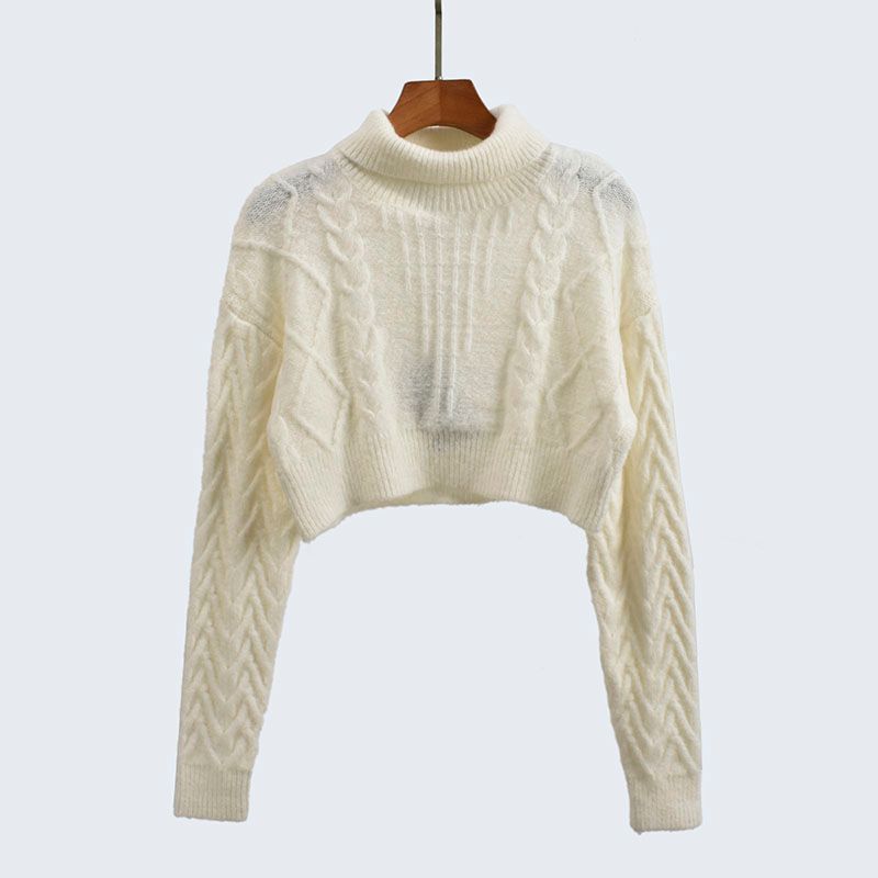 High Neck Short High Waist Long Sleeve Pullover Top Bottoming Shirt Knitting Sweater Pure Color Fall and Winter Thick Women's Inner