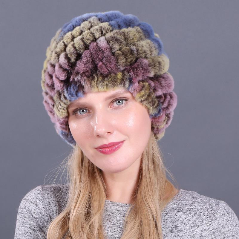 Damen Winter Pelzmütze Rex Kaninchenhaar gestrickte Spirale Ananas verdickte warme Mütze