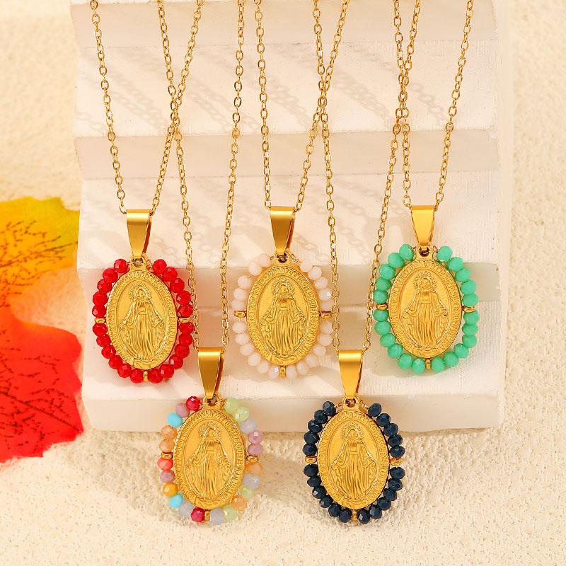 Christian Catholic Accessory Trendy Our Lady Virgin Mary Necklaces Stainless Steel Oval Pendant Neck Chains for Women