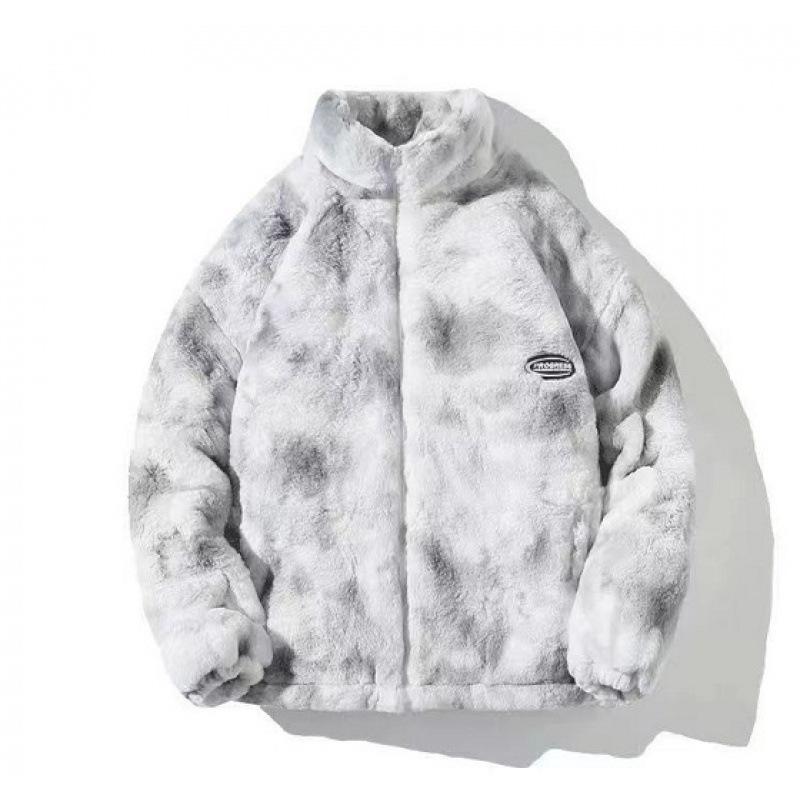 Long Imitation Lamb Wool Tie-dye Men's and Women's Leather Jacket Loose Couple Imitation Rabbit Fur Stand-up Collar Plush Coat