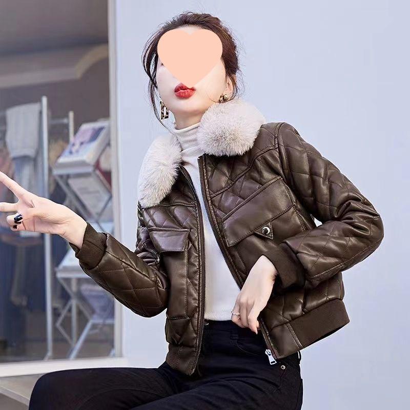 

Женская короткая кожаная мотоциклетная куртка на флисовой подкладке - Зимняя модная куртка с хлопковой подкладкой Default Size